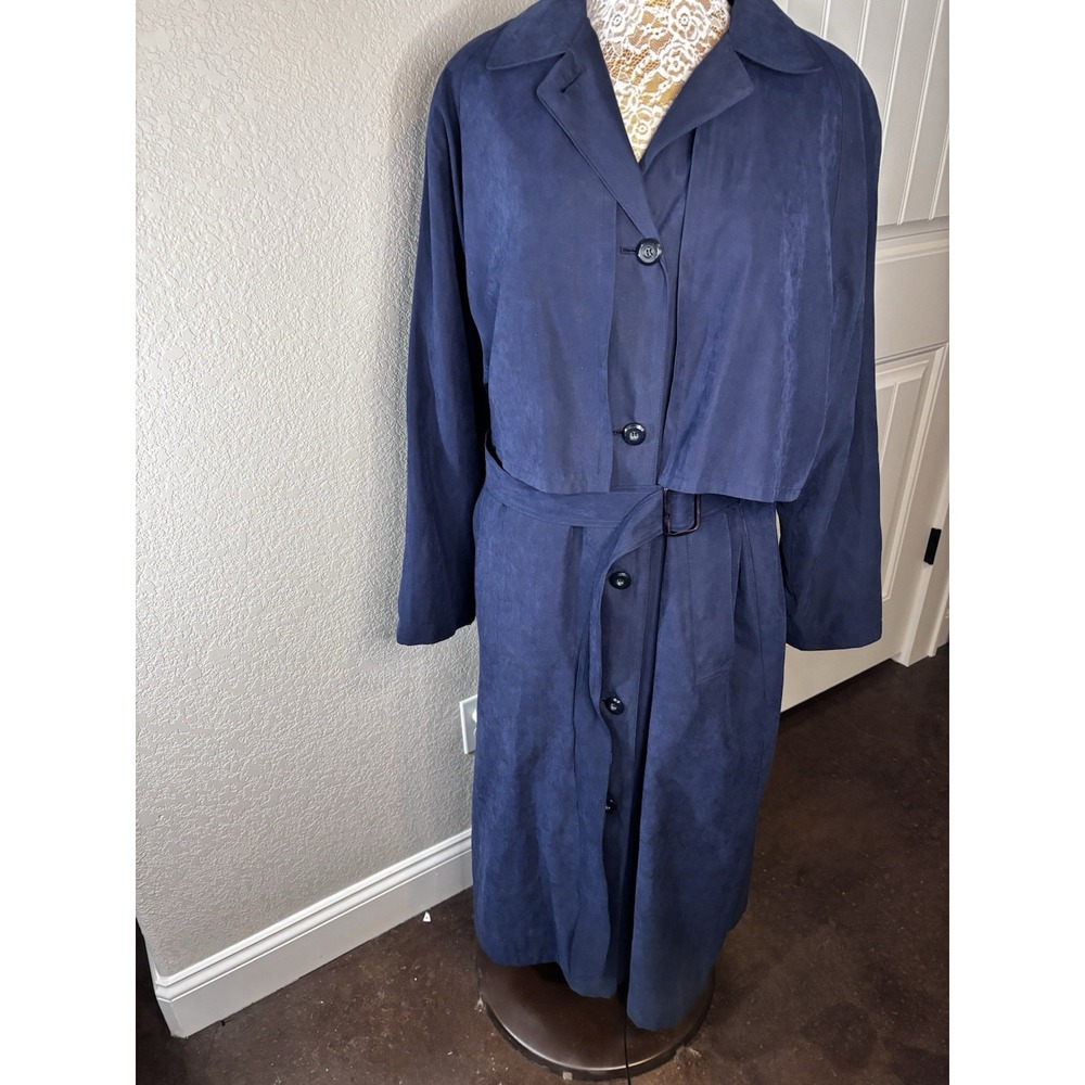 Vintage London Fog Trench Coat Navy Zip In Fleece Lining Women's 12 Long Belt
